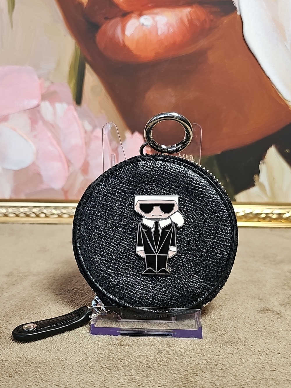 Karl Lagerfeld Black Round Leather Coin Pouch with Iconic Enamel Emblem - Picture 1 of 4